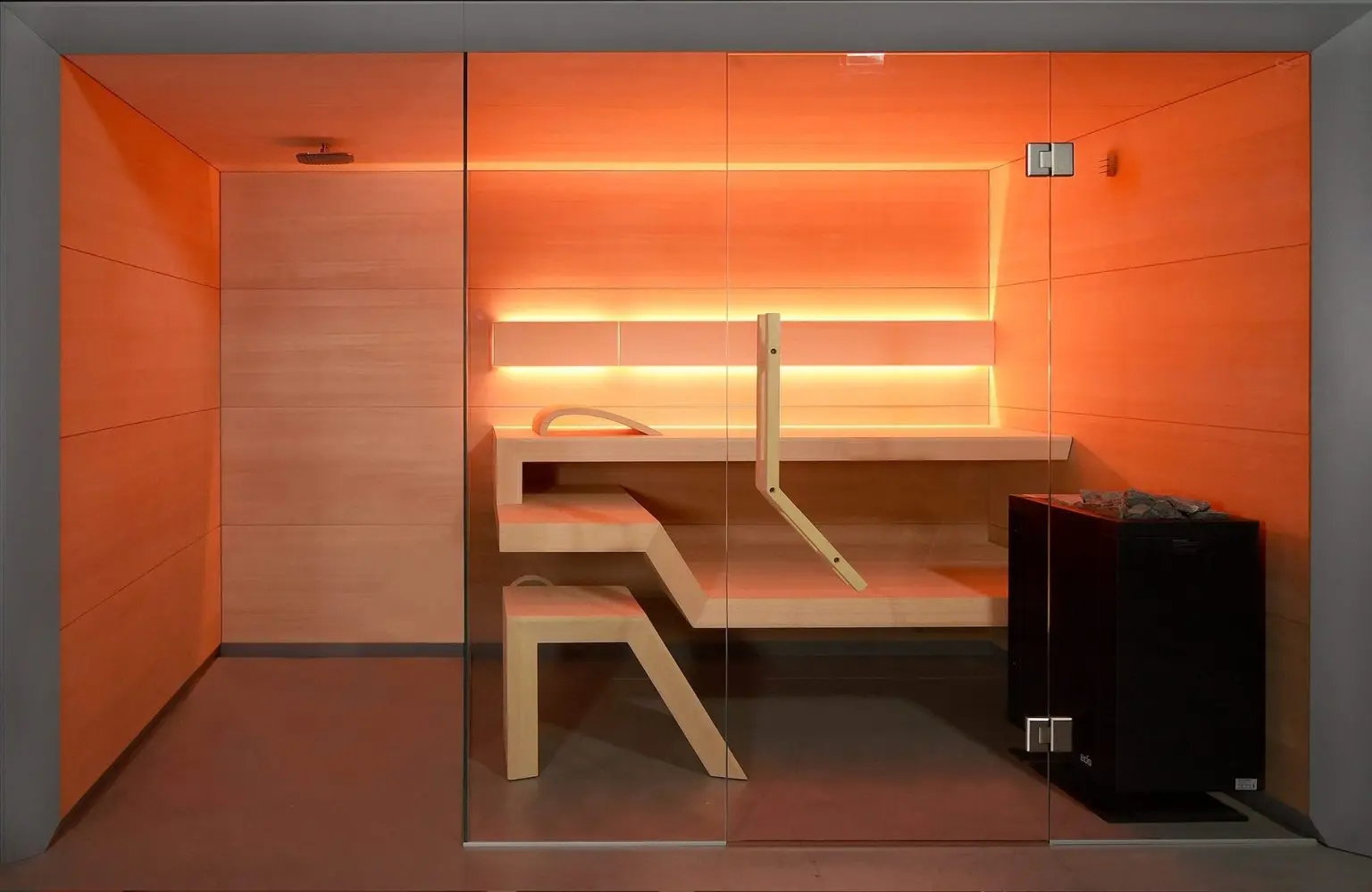 Nowoczesna sauna z przeszklonym wejściem